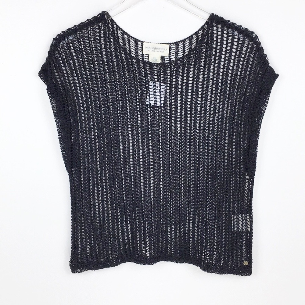 Dolman Sheer Crop Crochet Black Sweater